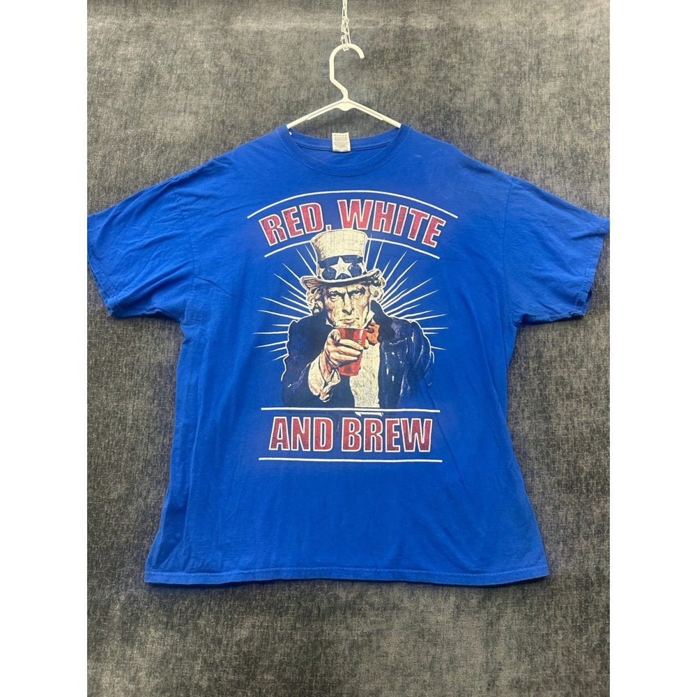 Mens T Shirt 2XL Blue Cotton America Uncle‎ Sam Holding Red White & Brew Graphic